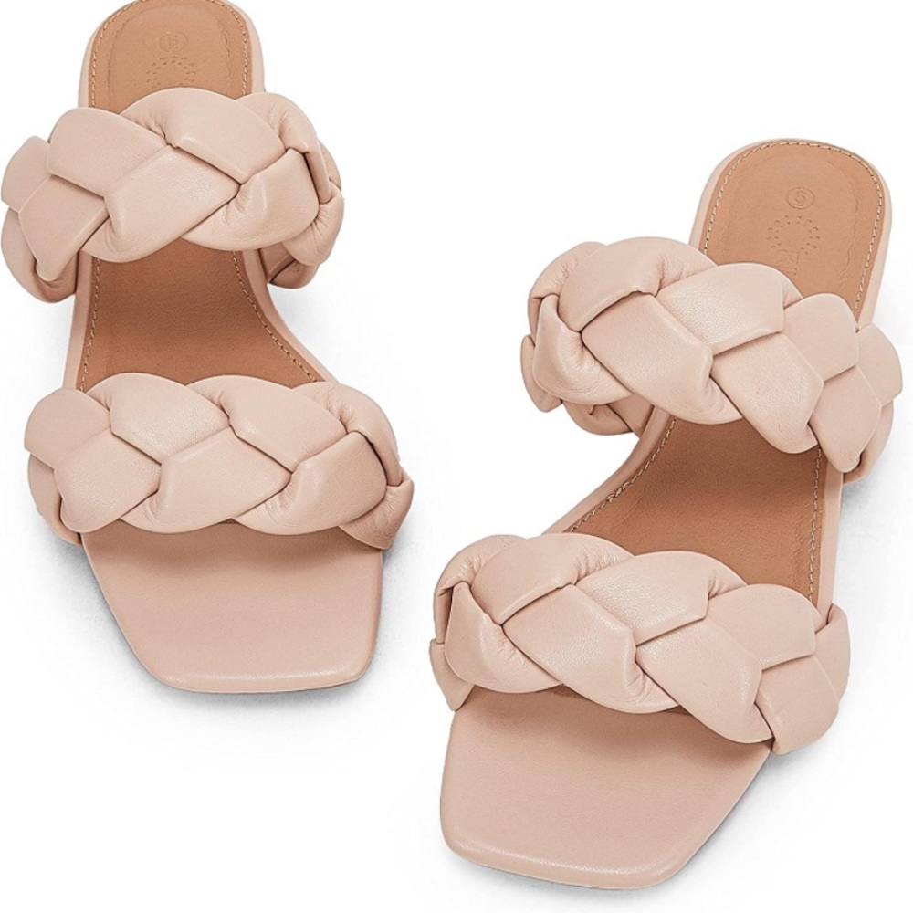 NEW / Two Strap Braided Sandals / Square Toe / Flat Heel / Nude Sandal